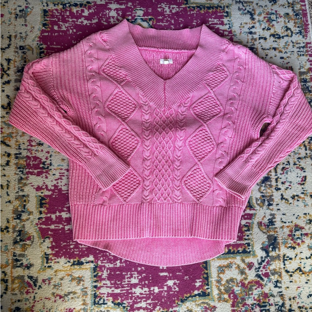 Aerie pink cable knit v neck oversized sweater